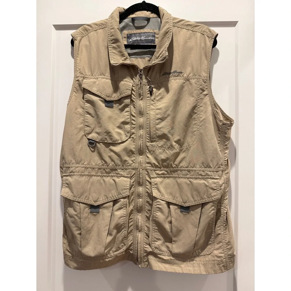 Eddie Bauer Travex Utility Fishing Vest Mens Large Khaki Travel Hiking Zip